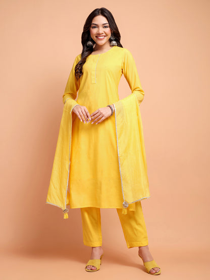 ALANKARI Haldi Yellow Straight Gotta Patti Chanderi Cotton Kurta with Trousers & Dupatta