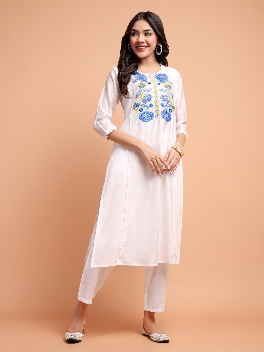 ALANKARI Floral Yoke Design Straight Thread Work Chanderi Cotton Kurta with Trousers