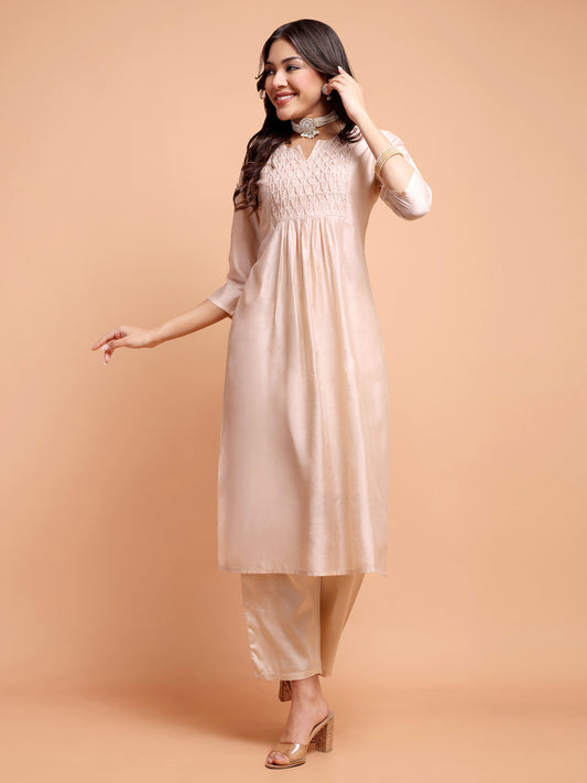 ALANKARI Pleated Beads and Stones Chanderi Cotton Kurta with Trousers