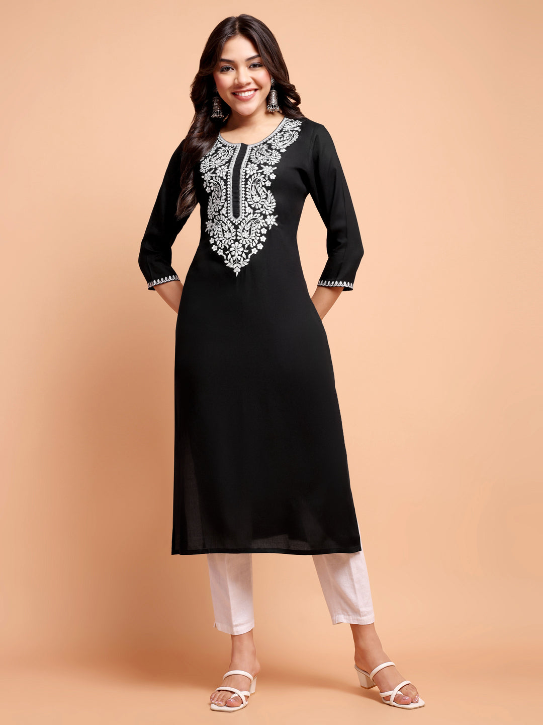 ALANKARI Black Ethnic Motifs Embroidered Chikankari Kurta