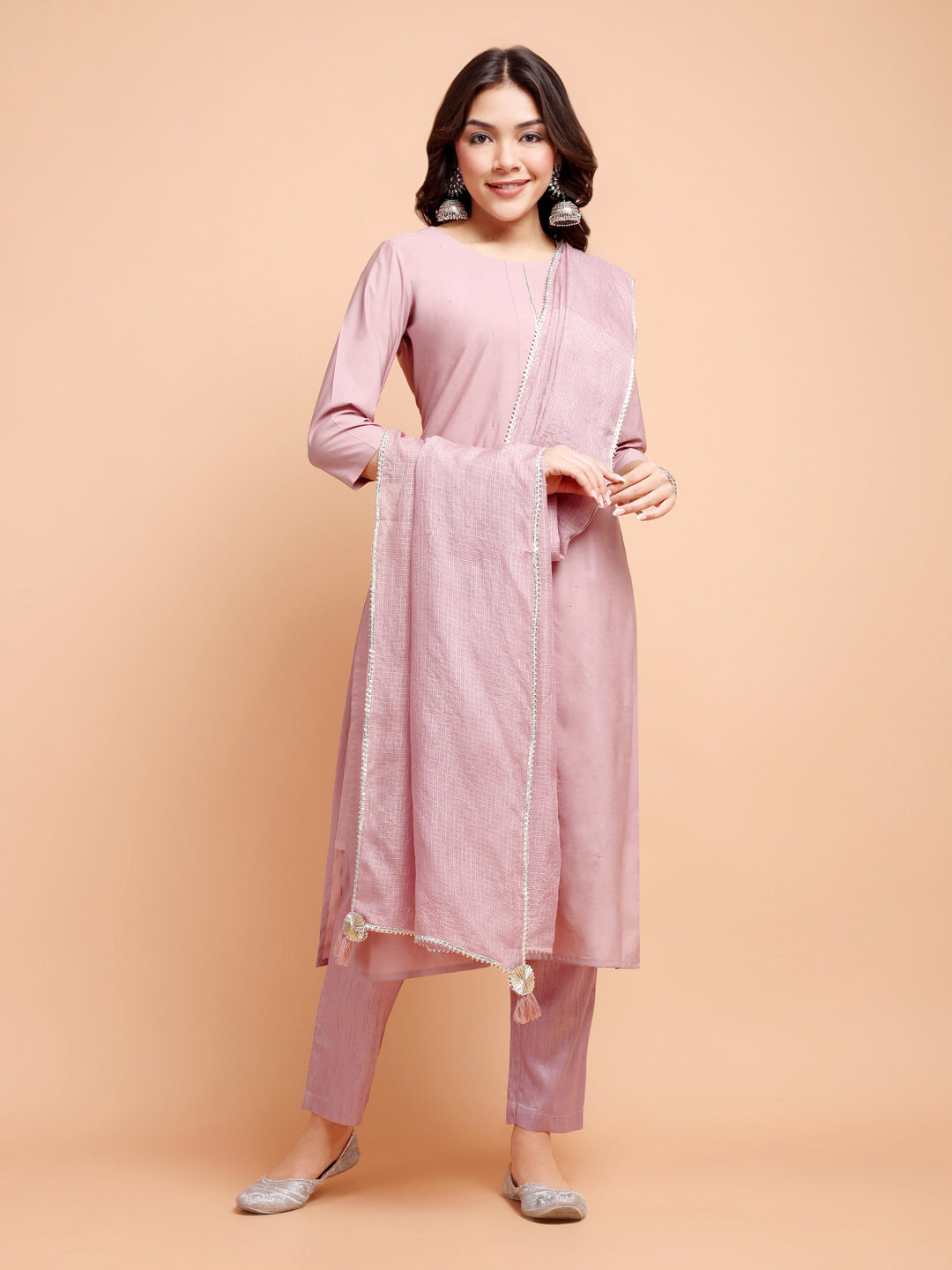 ALANKARI Mauve Straight Gotta Patti Chanderi Cotton Kurta with Trousers & Dupatta