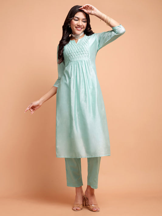 ALANKARI Pleated Beads and Stones Chanderi Cotton Kurta with Trousers