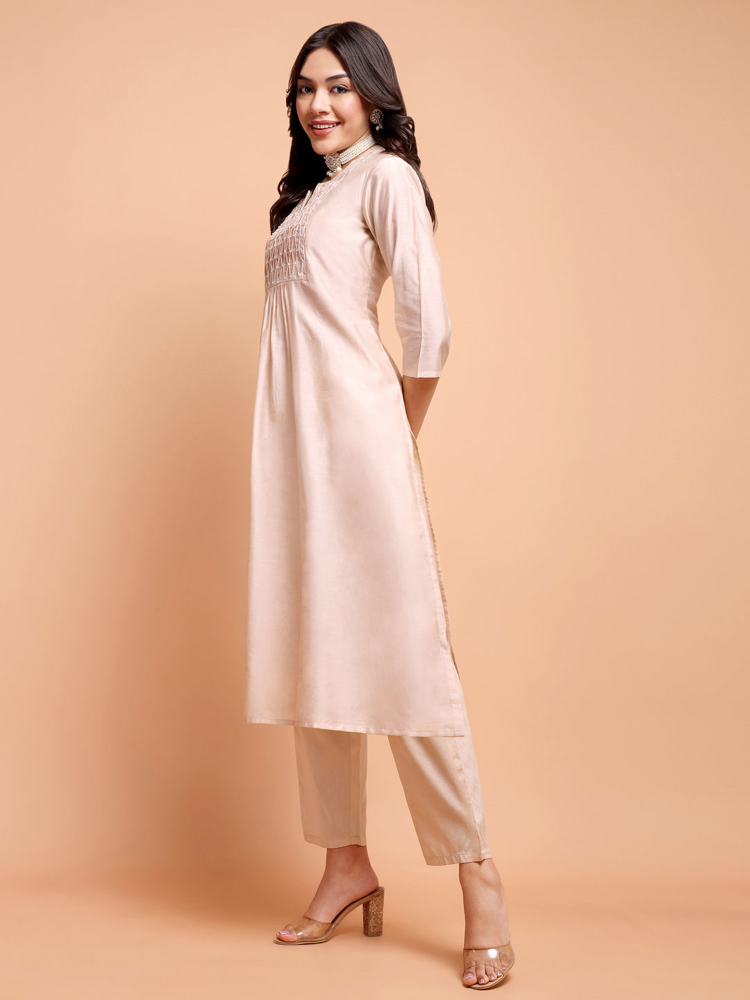 ALANKARI Pleated Beads and Stones Chanderi Cotton Kurta with Trousers