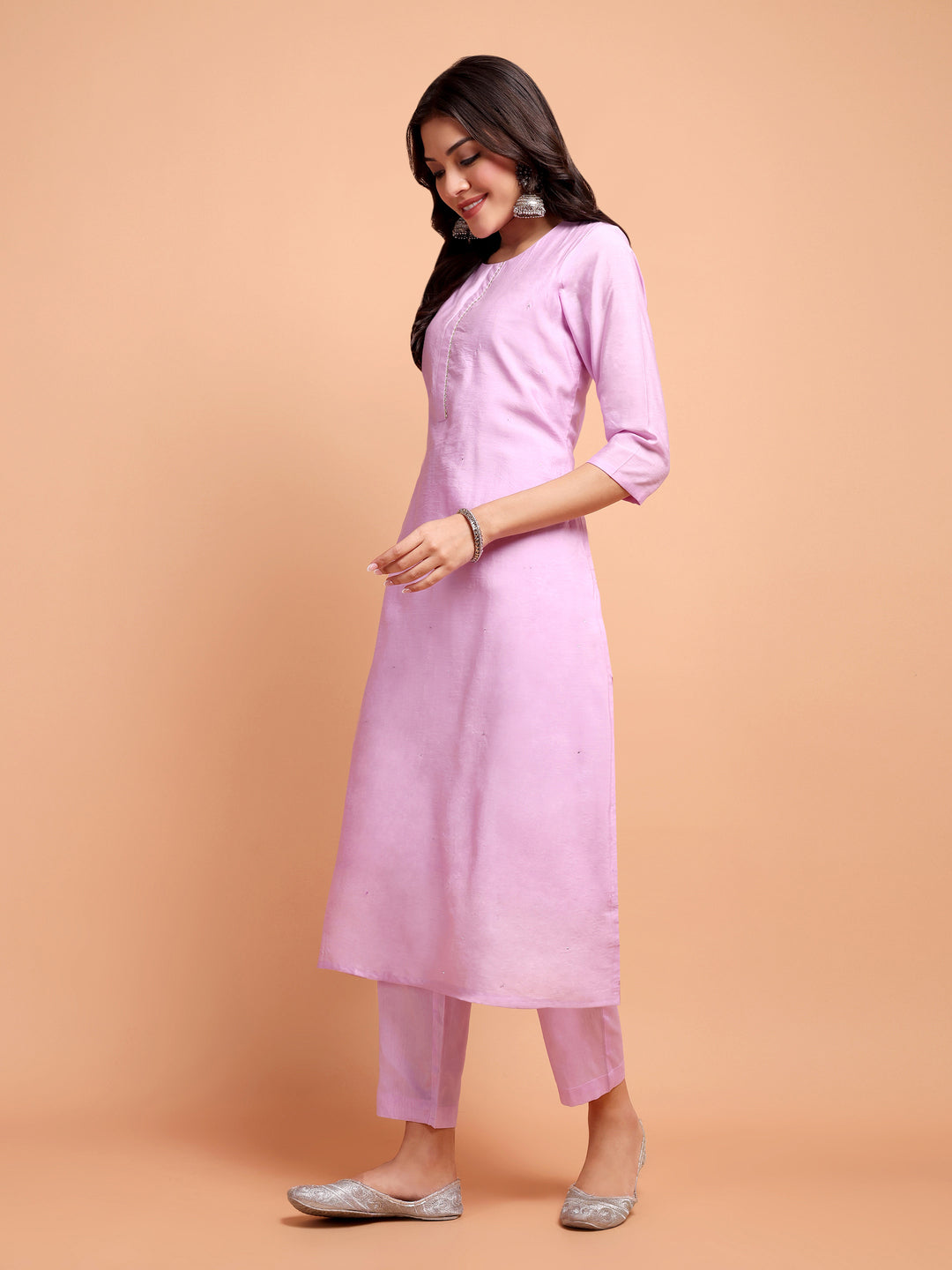 ALANKARI Lavender Straight Gotti Patti Chanderi Cotton Kurta with Trousers & Dupatta