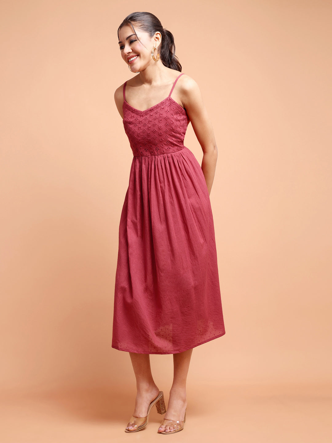 Maroon Knee length shiffley dress for women