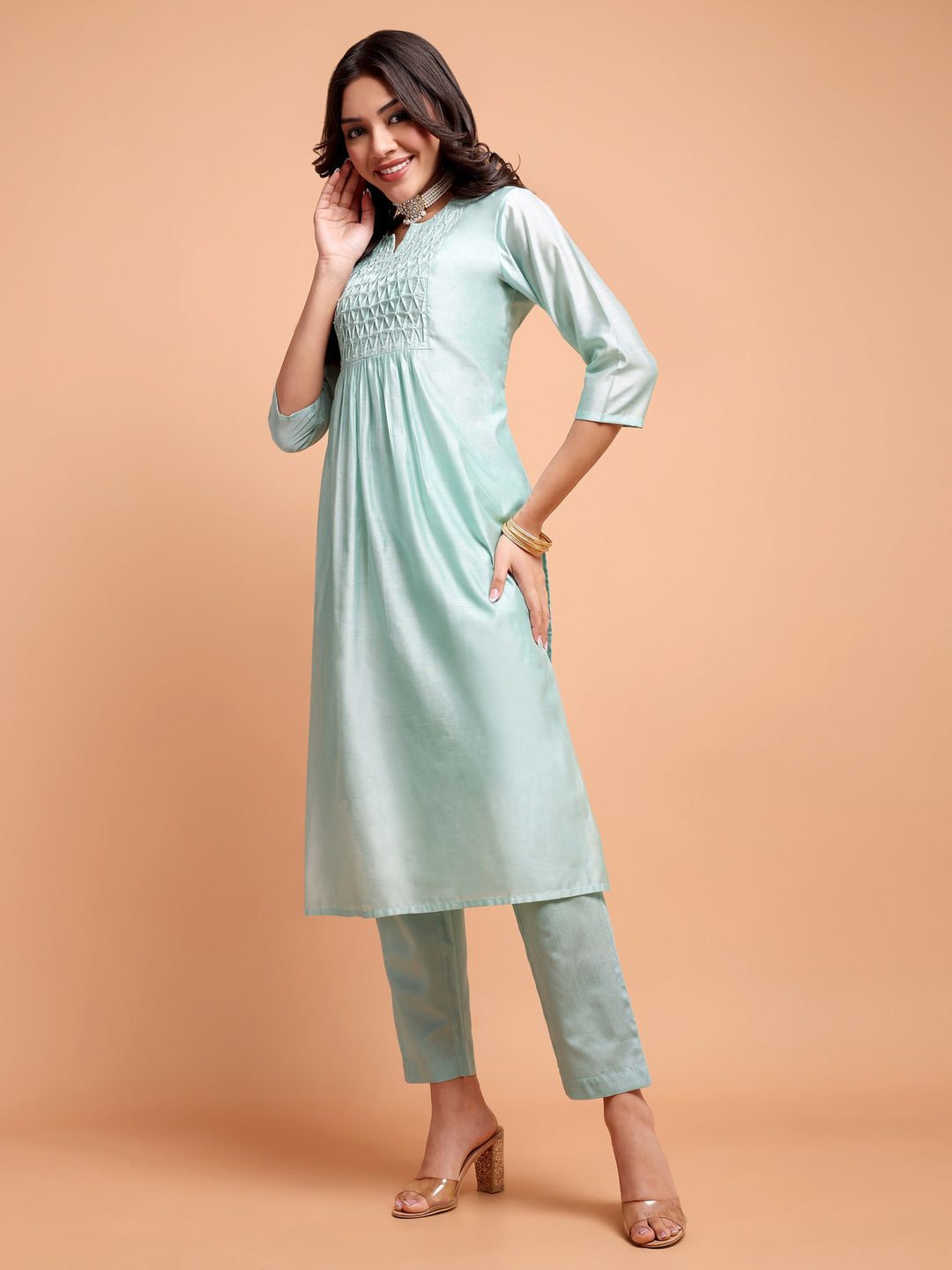 ALANKARI Pleated Beads and Stones Chanderi Cotton Kurta with Trousers