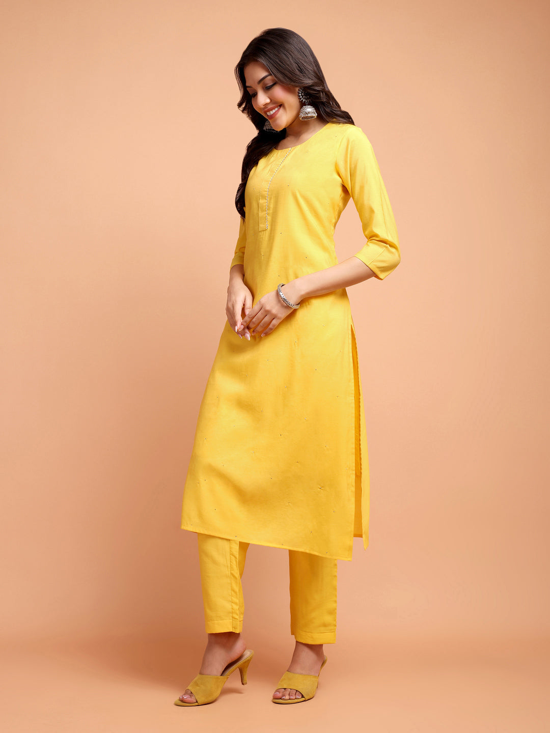 ALANKARI Haldi Yellow Straight Gotta Patti Chanderi Cotton Kurta with Trousers & Dupatta