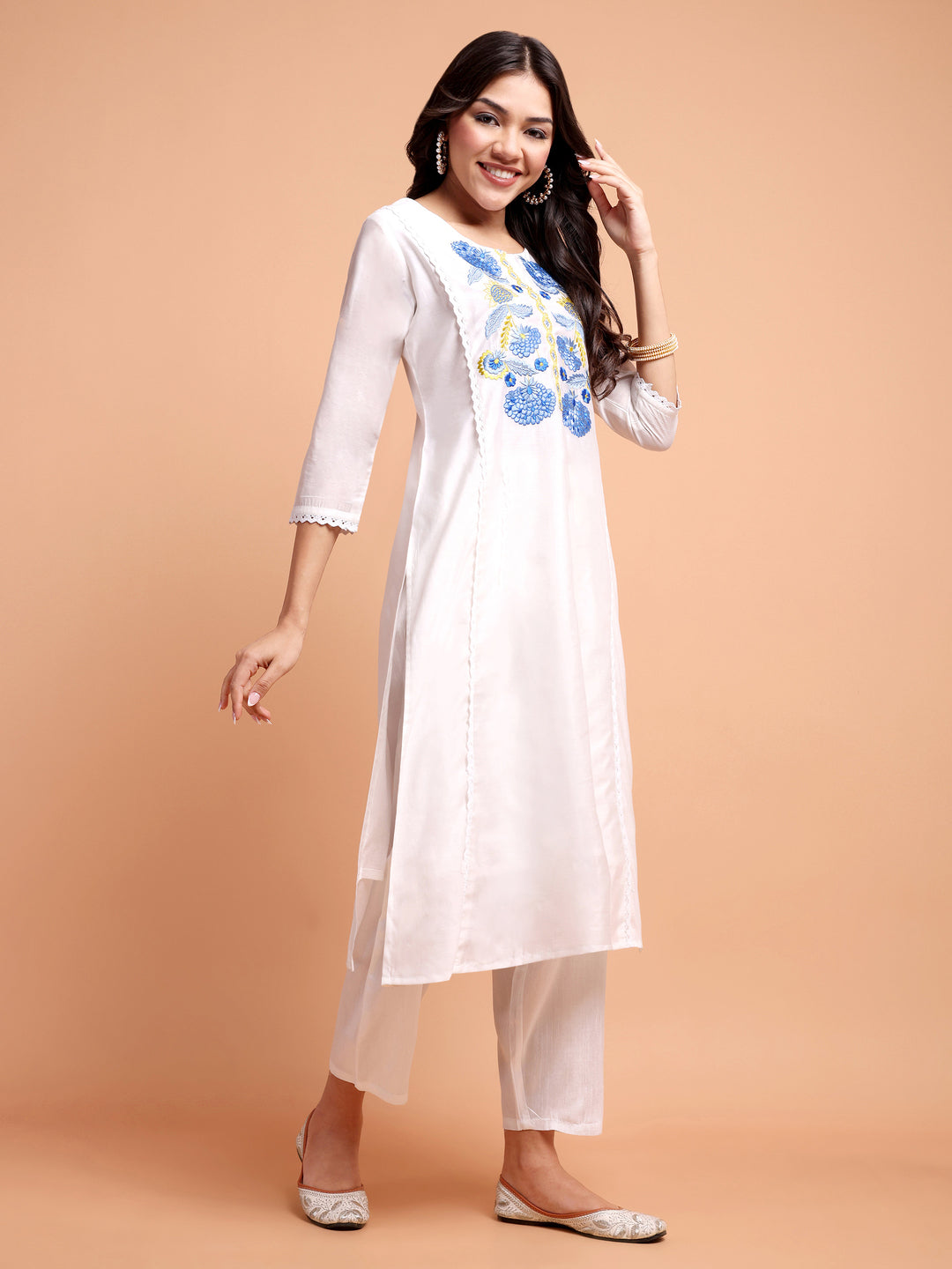 ALANKARI Floral Yoke Design Straight Thread Work Chanderi Cotton Kurta with Trousers