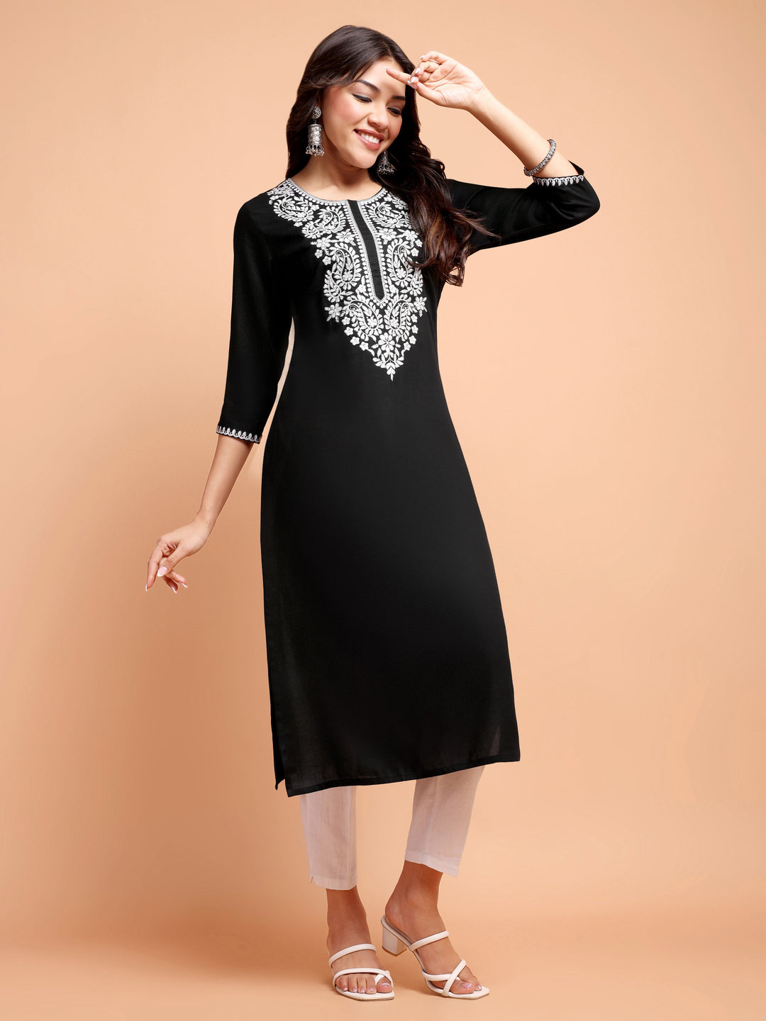 ALANKARI Black Ethnic Motifs Embroidered Chikankari Kurta