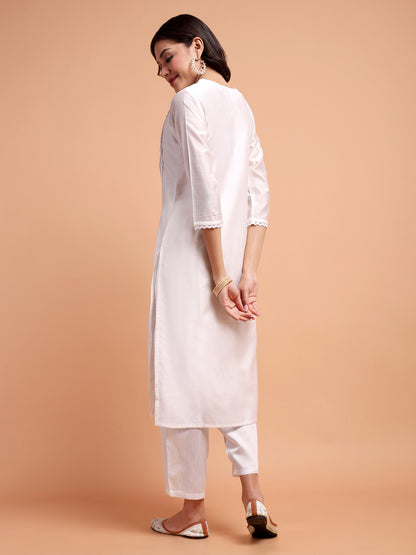 ALANKARI Floral Yoke Design Straight Thread Work Chanderi Cotton Kurta with Trousers