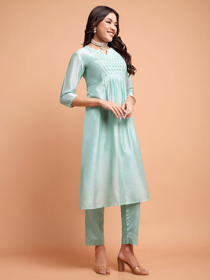 ALANKARI Pleated Beads and Stones Chanderi Cotton Kurta with Trousers