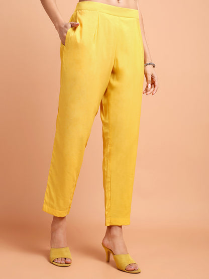 ALANKARI Haldi Yellow Straight Gotta Patti Chanderi Cotton Kurta with Trousers & Dupatta