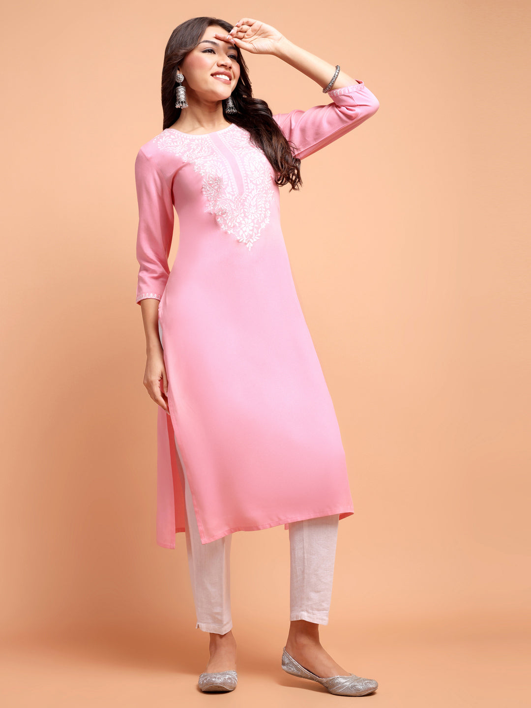 ALANKARI Light Pink Ethnic Motifs Embroidered Chikankari Kurta