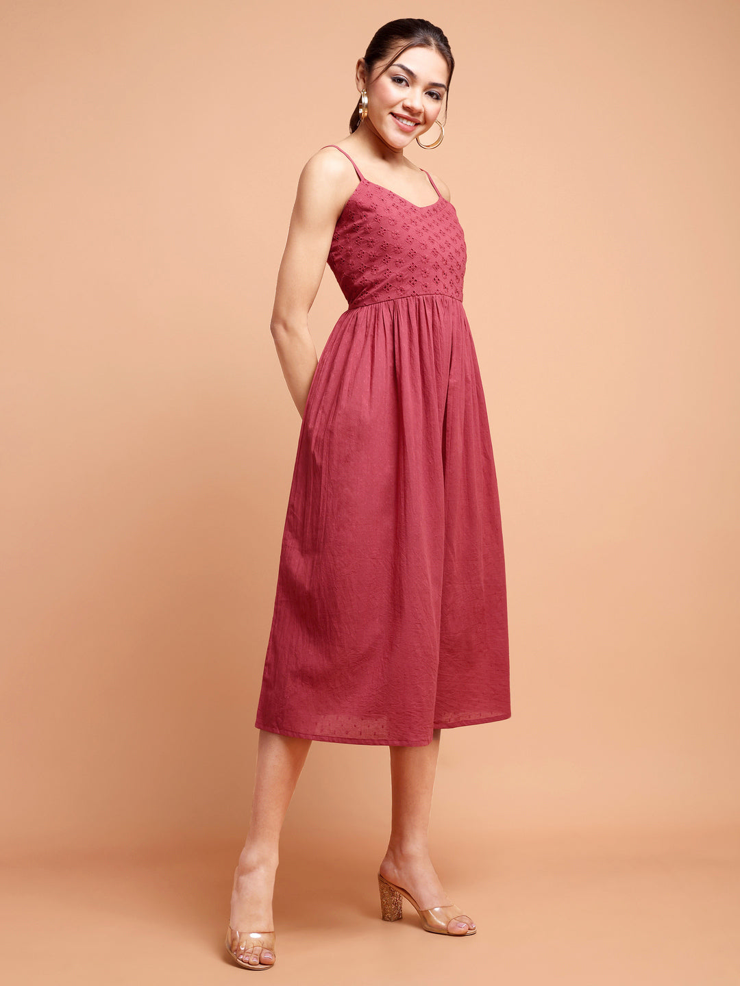 Maroon Knee length shiffley dress for women