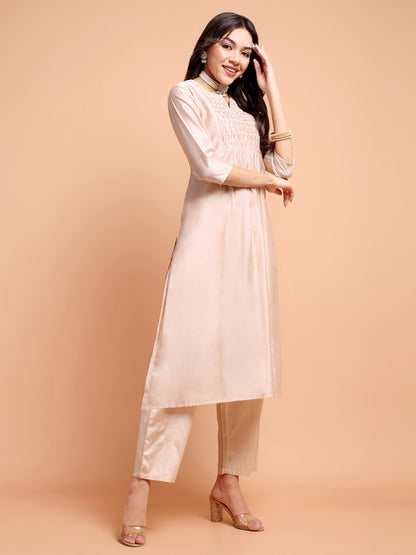 ALANKARI Pleated Beads and Stones Chanderi Cotton Kurta with Trousers