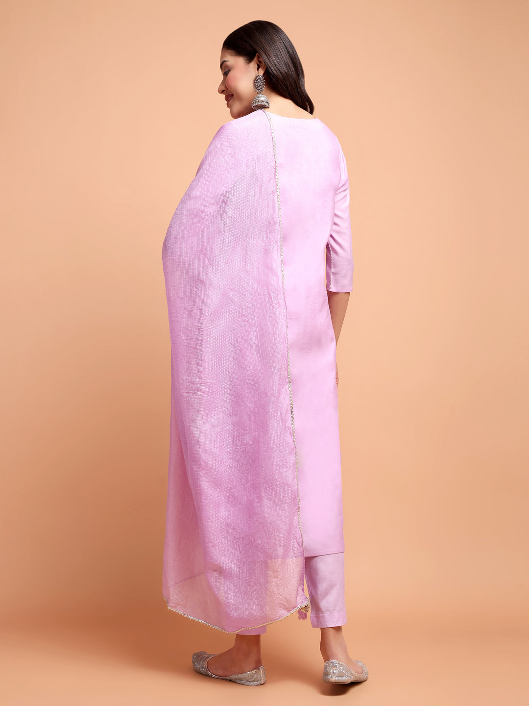 ALANKARI Lavender Straight Gotti Patti Chanderi Cotton Kurta with Trousers & Dupatta