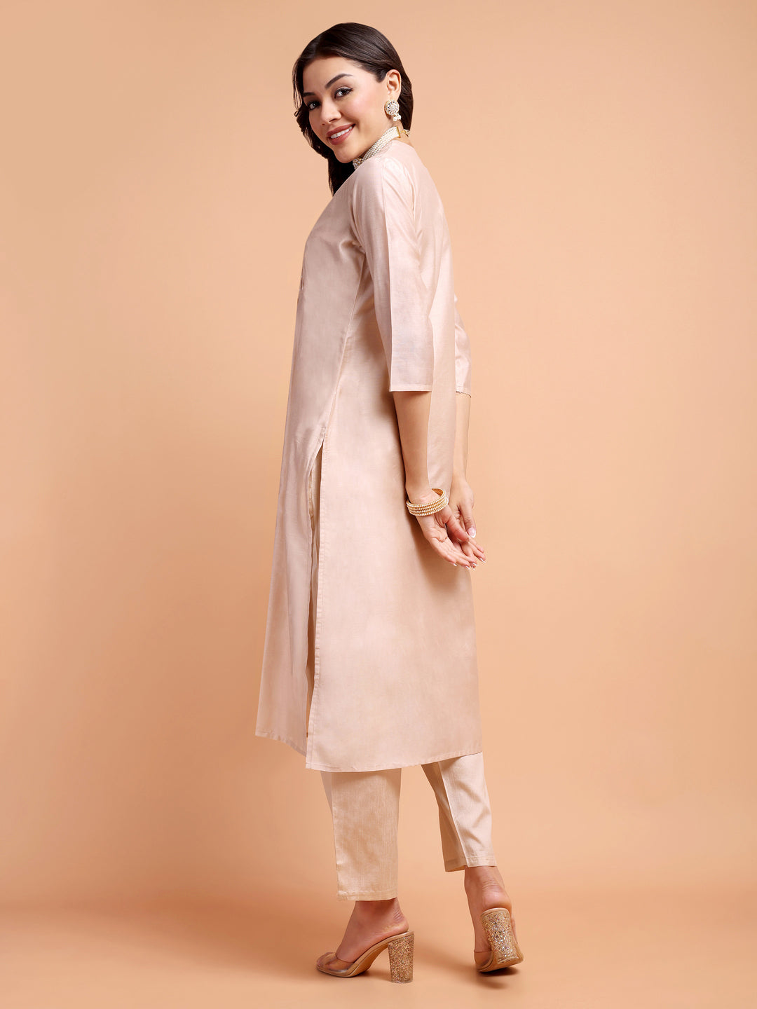 ALANKARI Pleated Beads and Stones Chanderi Cotton Kurta with Trousers