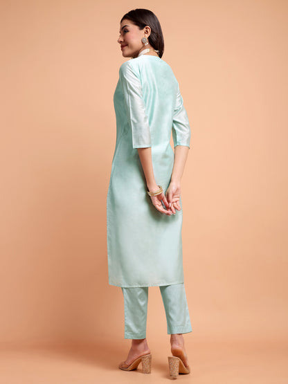 ALANKARI Pleated Beads and Stones Chanderi Cotton Kurta with Trousers