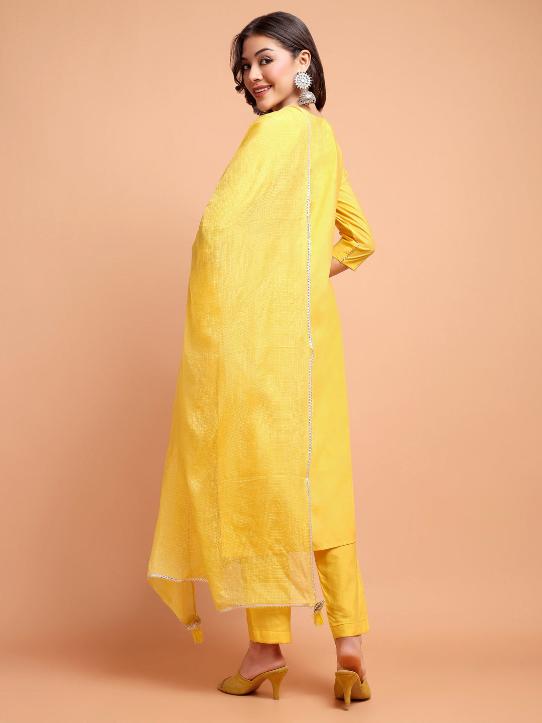 ALANKARI Haldi Yellow Straight Gotta Patti Chanderi Cotton Kurta with Trousers & Dupatta