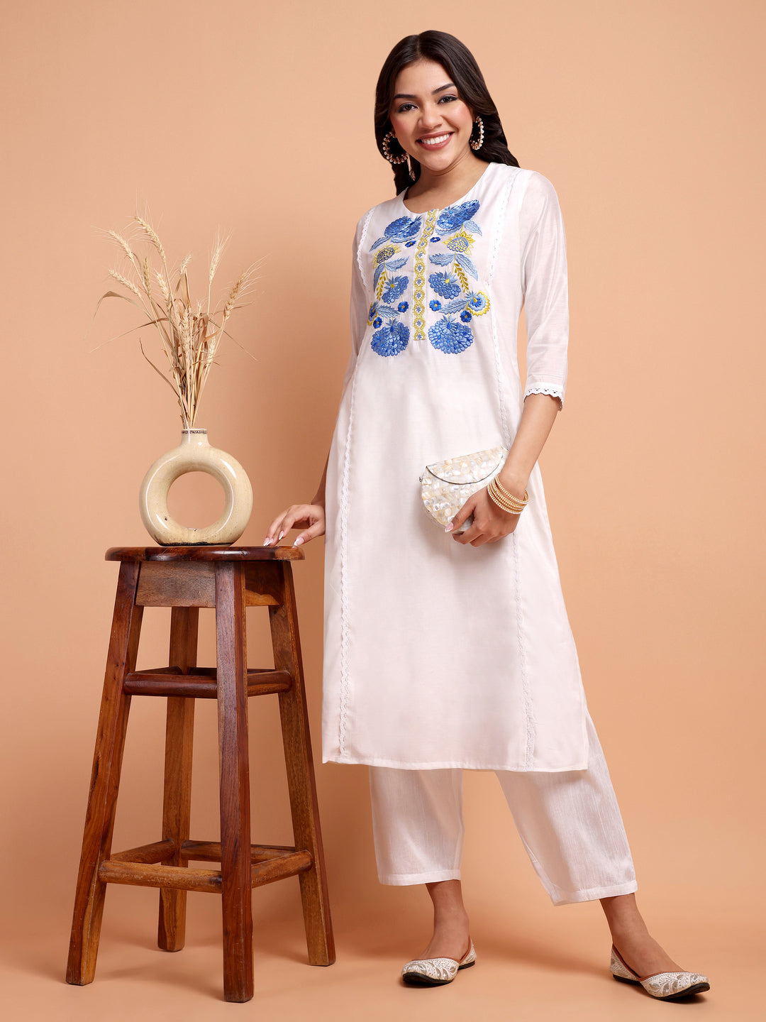 ALANKARI Floral Yoke Design Straight Thread Work Chanderi Cotton Kurta with Trousers