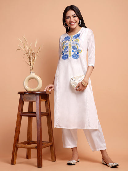 ALANKARI Floral Yoke Design Straight Thread Work Chanderi Cotton Kurta with Trousers