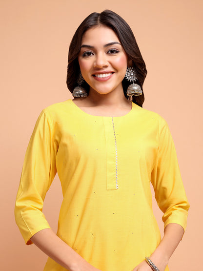 ALANKARI Haldi Yellow Straight Gotta Patti Chanderi Cotton Kurta with Trousers & Dupatta