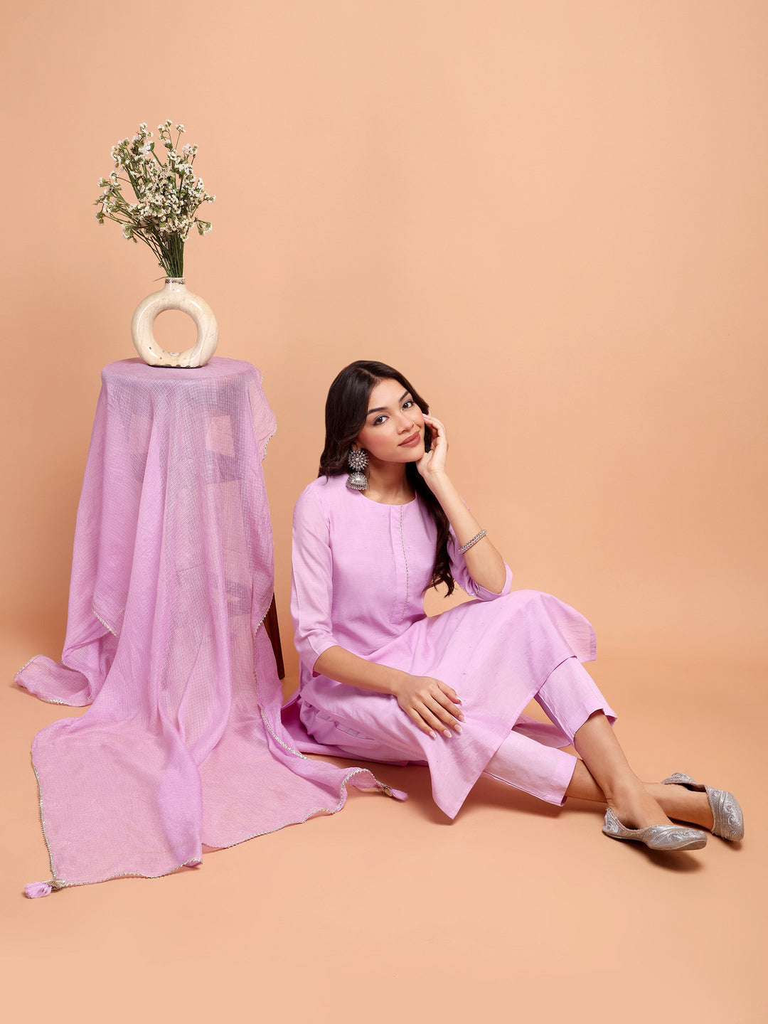 ALANKARI Lavender Straight Gotti Patti Chanderi Cotton Kurta with Trousers & Dupatta