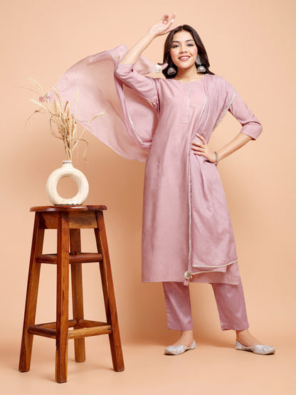 ALANKARI Mauve Straight Gotta Patti Chanderi Cotton Kurta with Trousers & Dupatta