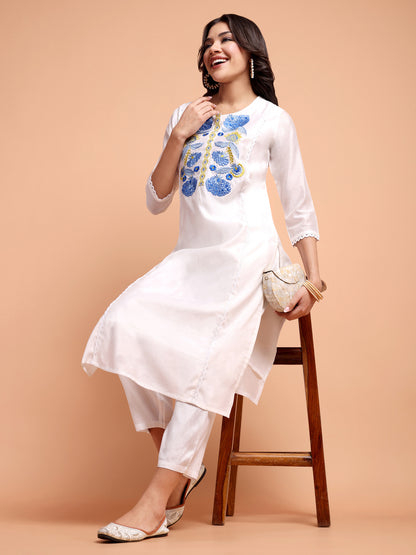 ALANKARI Floral Yoke Design Straight Thread Work Chanderi Cotton Kurta with Trousers