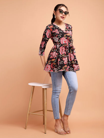 ALANKARI Women Floral Printed V-Neck Pure Cotton Angrakha Kurti