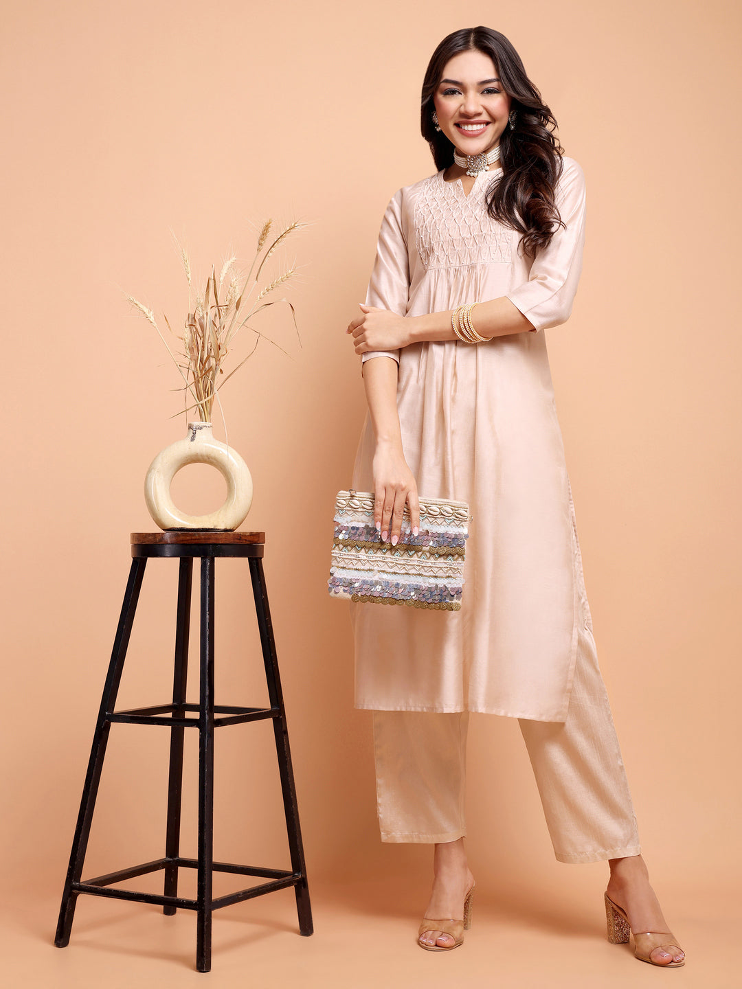 ALANKARI Pleated Beads and Stones Chanderi Cotton Kurta with Trousers