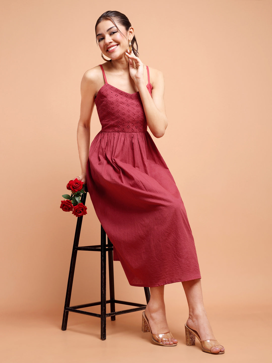 Maroon Knee length shiffley dress for women