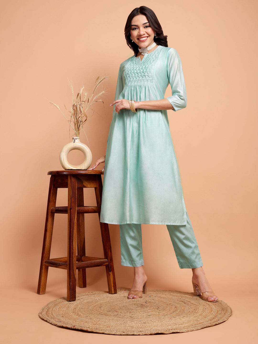 ALANKARI Pleated Beads and Stones Chanderi Cotton Kurta with Trousers