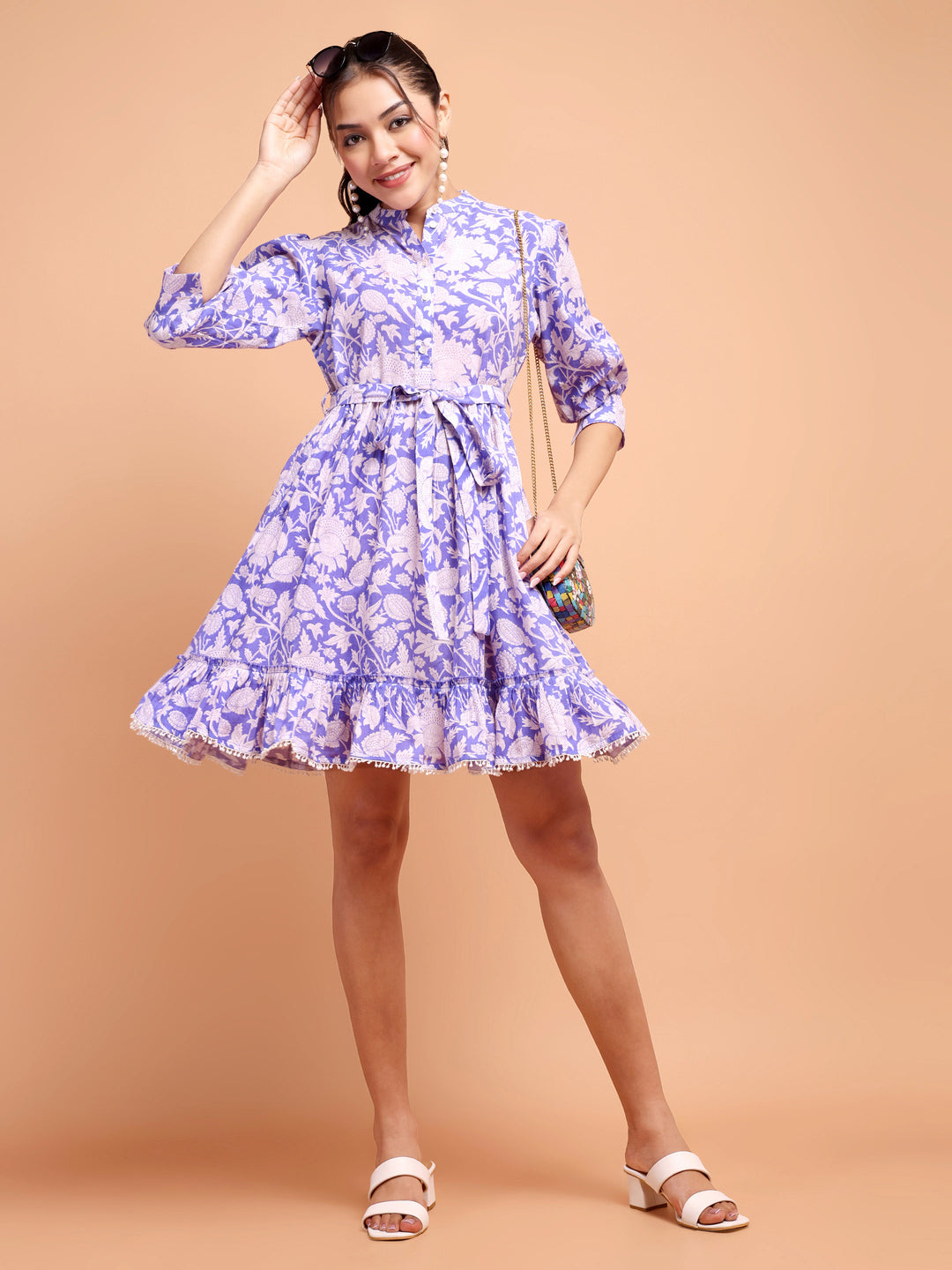 Lavender Sanghaneri Summer dress with belt