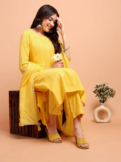 ALANKARI Haldi Yellow Straight Gotta Patti Chanderi Cotton Kurta with Trousers & Dupatta