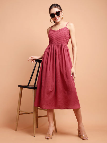 Maroon Knee length shiffley dress for women