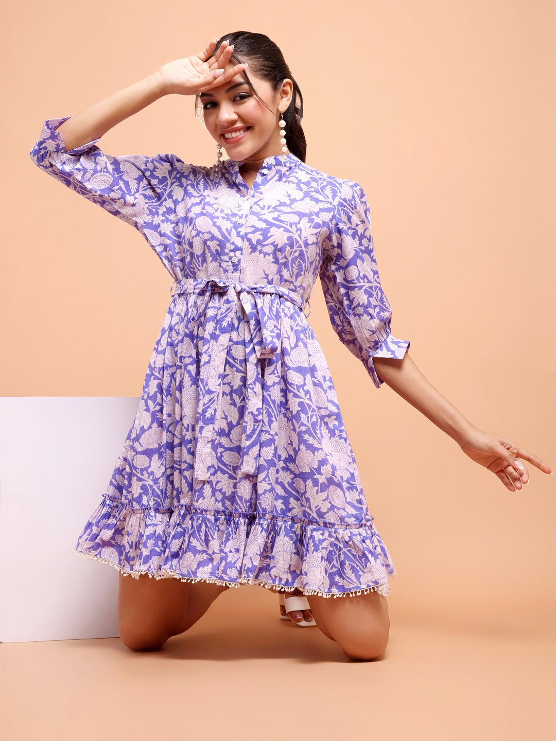 Lavender Sanghaneri Summer dress with belt